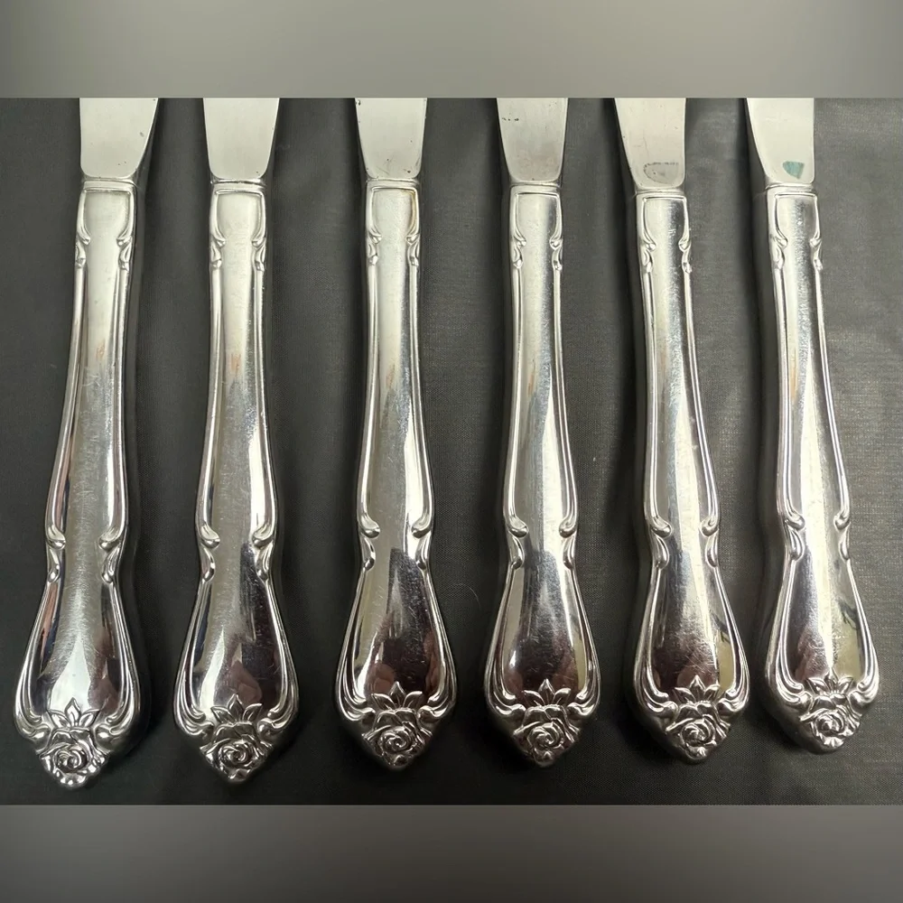 Vtg ONEIDA Arbor Rose True Rose Stainless‎ Floral Handle Knives Hollow Set of 6